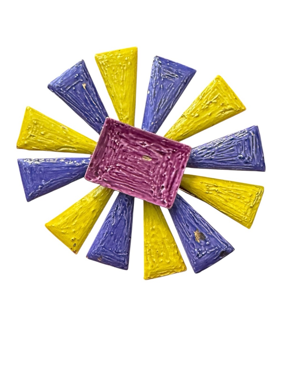 Vintage Capri Purple Yellow Geometric Sunburst Brooch Mid Century Modern Pin